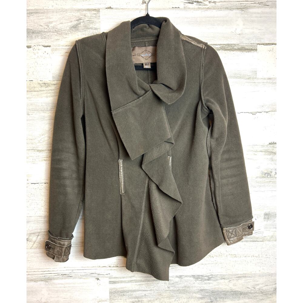 Emilie D Women’s S Green Fabric Leather Zip Up Cascade Front Fleece Jacket
